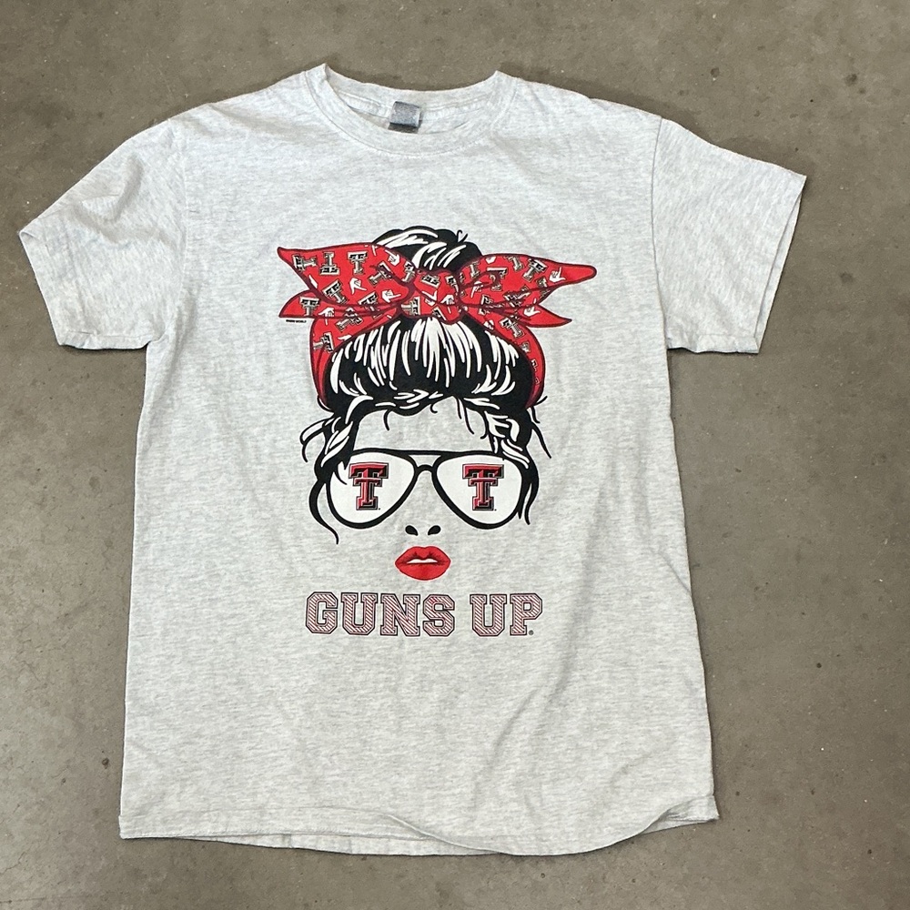 Texas Tech Women's Short Sleeve Tee - Light Gray and Red Guns Up